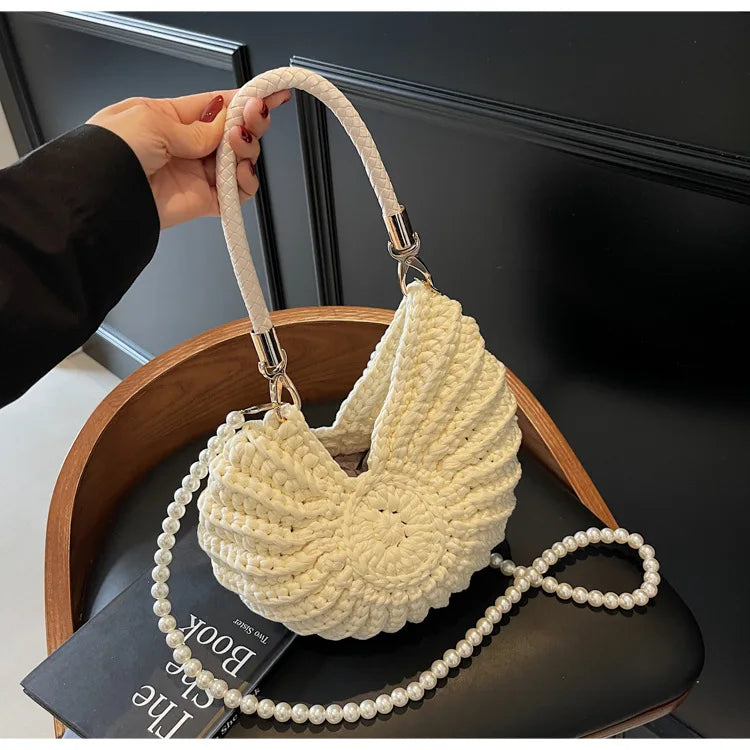 Criativo concha em forma de crochê feminino ombro sacos engraçado bonito pérolas correntes artesanal tecer crossbody saco novidade pequenas bolsas
