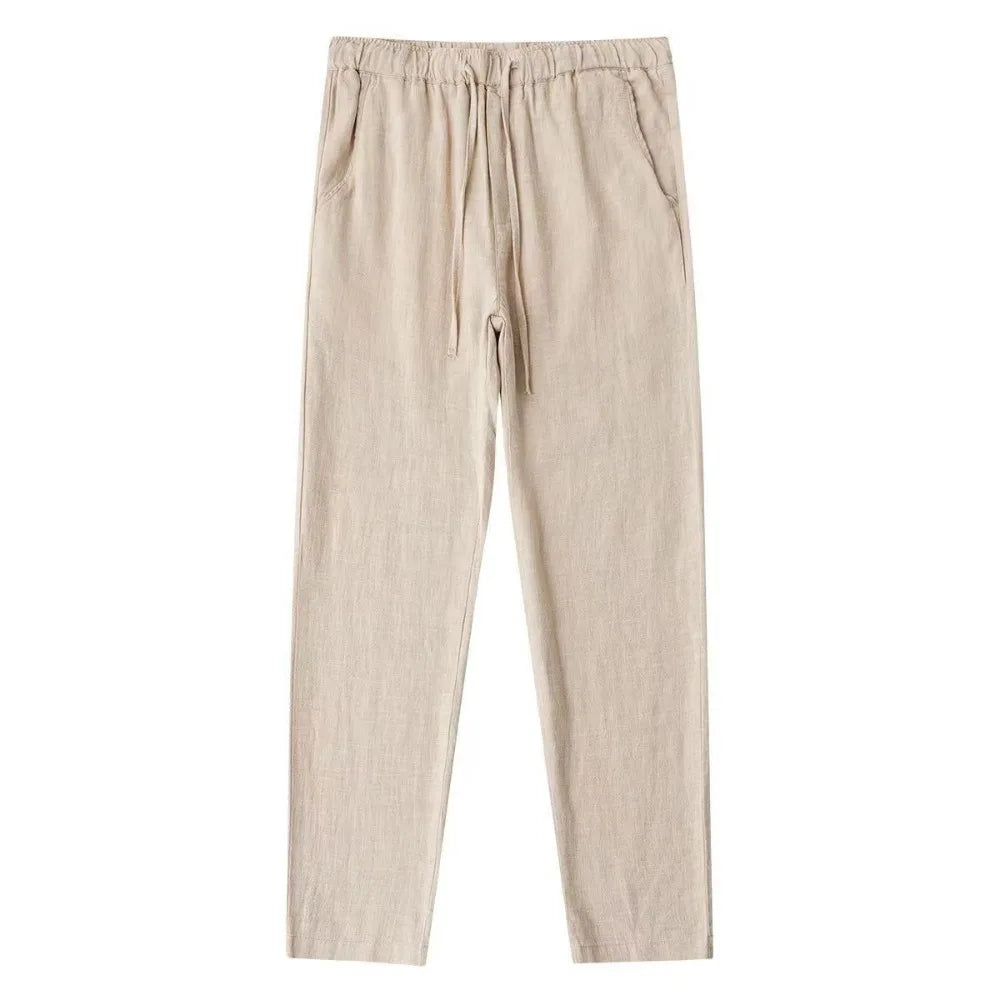 Calças de linho de algodão masculino outono novo respirável cor sólida calças de linho fitness streetwear volta com bolso