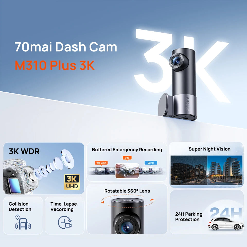 Novo 70mai Dash Cam M310 Plus 3K 1620P WDR Controle de Voz 139 ° Monitor de estacionamento do gravador do carro FOV DVR 70mai M310 Plus 3K