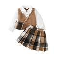 Outono crianças meninas saia conjunto de manga comprida topo + saia xadrez + bolsa de ombro 3 pçs estilo japonês-coreano traje para menina 4-7 anos