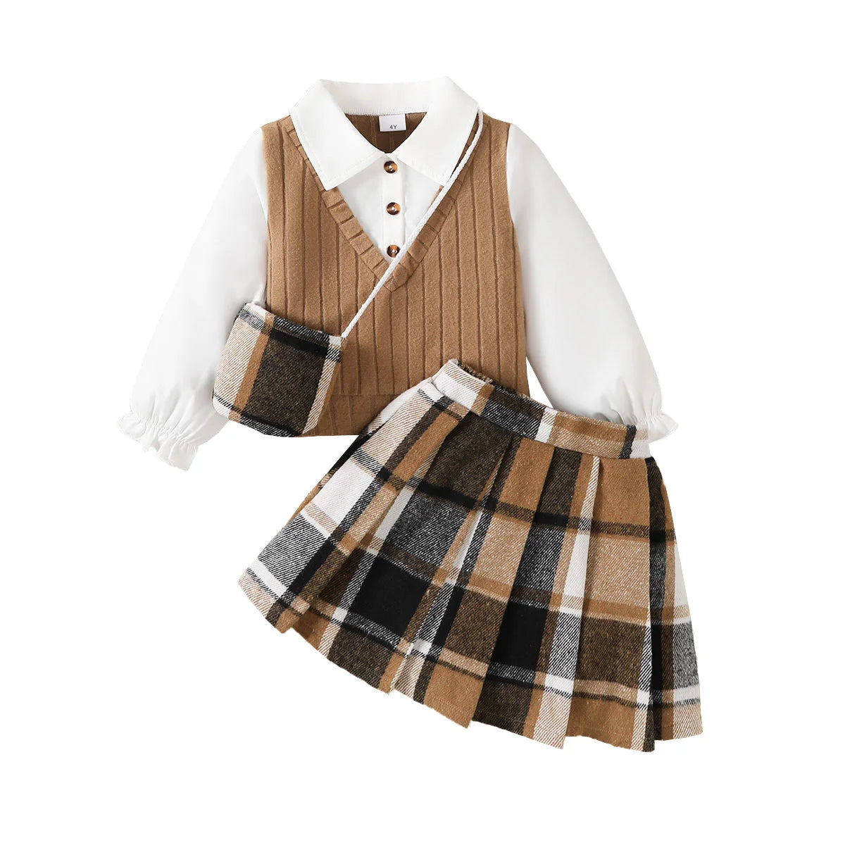 Outono crianças meninas saia conjunto de manga comprida topo + saia xadrez + bolsa de ombro 3 pçs estilo japonês-coreano traje para menina 4-7 anos