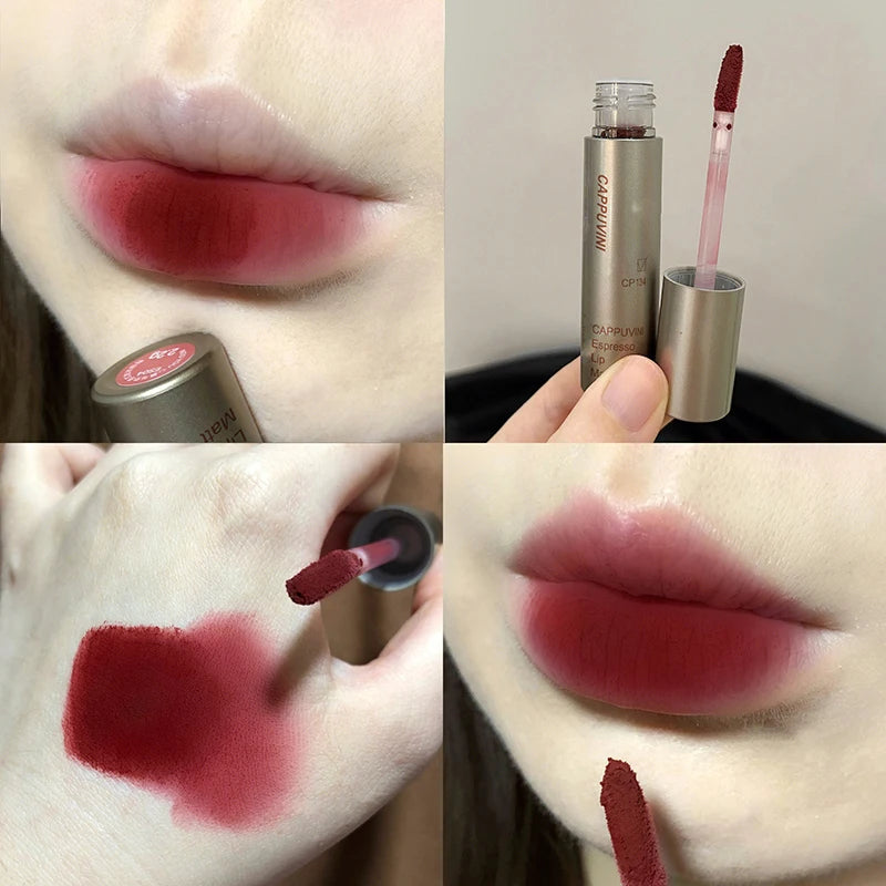 Batom fosco de veludo vermelho escuro, à prova d'água, longa duração, fosco, brilho labial, copo antiaderente, maquiagem labial, maquiagem cosmética