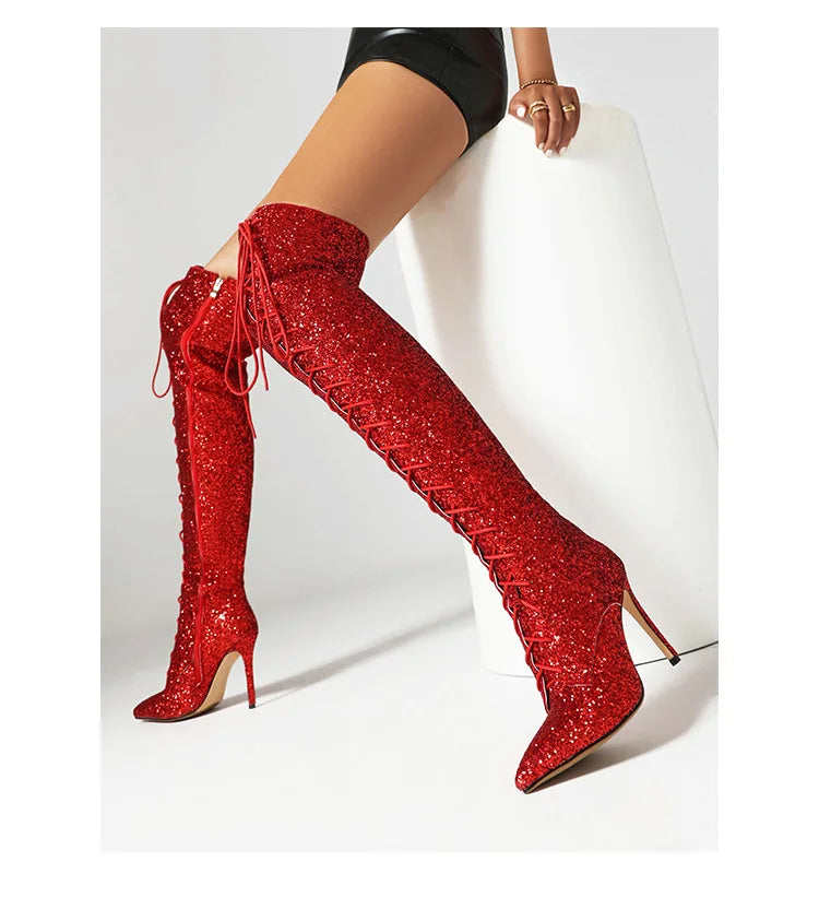 Botas femininas de lantejoulas acima do joelho, salto alto fino, botas longas pontiagudas, sapatos de festa para senhora, moda boate, 10cm, outono e inverno