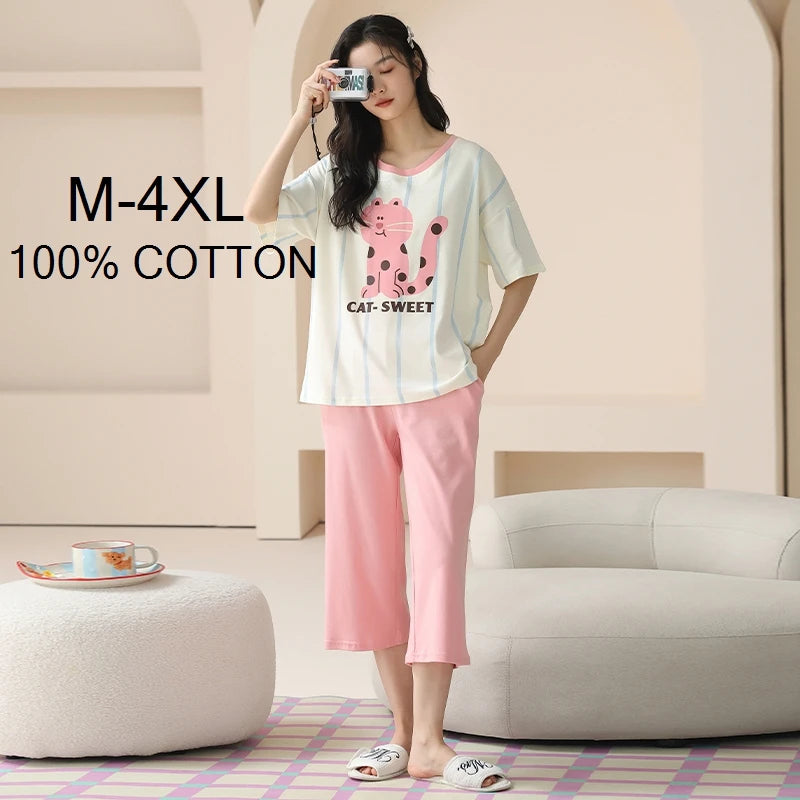 SUKAE-Conjunto de Pijamas dos desenhos animados das mulheres, 100% algodão, calça curta na altura do joelho, pijamas, capris loungewear, pijamas de verão, M-4XL