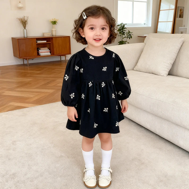 2026 nova primavera meninas vestido de princesa crianças estilo coreano bordado roupas 2-6yrs manga comprida algodão crianças vestido de festa