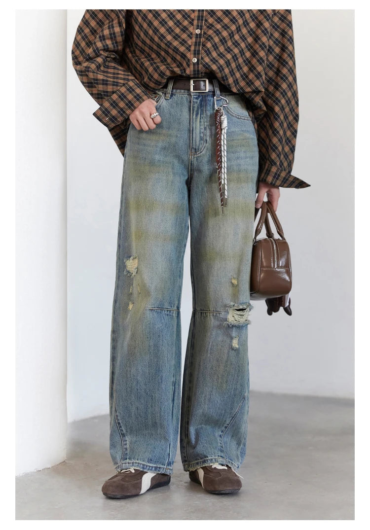 Chic ven retro calças de brim femininas soltas casuais nova cintura alta pernas largas denim calças femininas primavera outono 2025