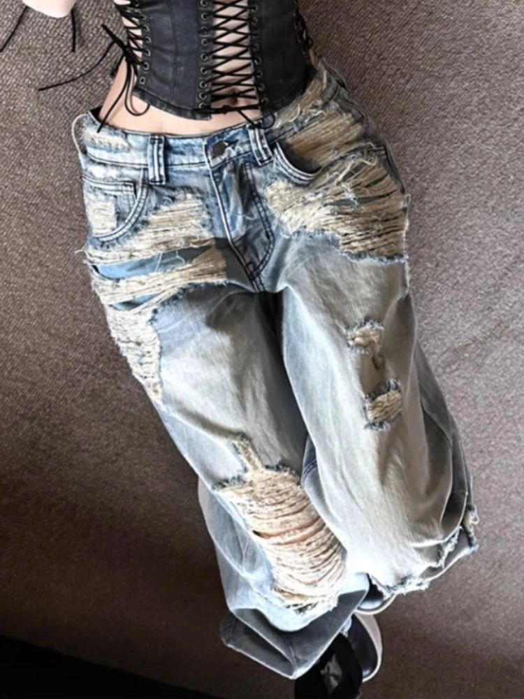 High street hottie vintage buraco jeans feminino y2k moda cintura alta baggy calças de perna larga 2025 casual jeans soltos