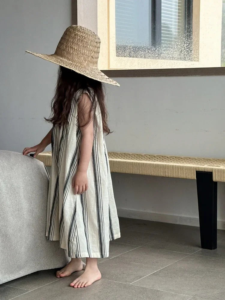 Crianças roupas meninas vestido sem mangas nova moda verão 2025 estilo coreano listra vertical francês retro vestido de férias