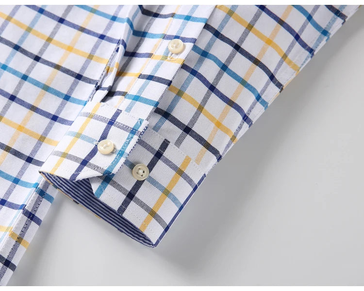 Camisas de vestido de algodão com design de gola de lapela listrada xadrez na moda masculina, camisa casual de manga comprida com botões para primavera/outono