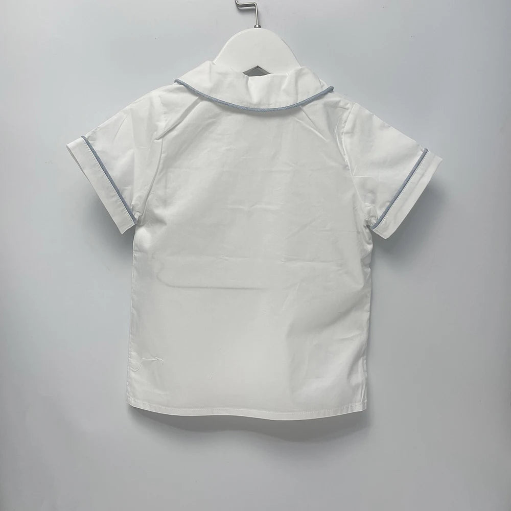 Roupa de boutique infantil, artesanal para menino, conjunto bordado, algodão azul, manga curta, roupa de irmãos, batizado, aniversário