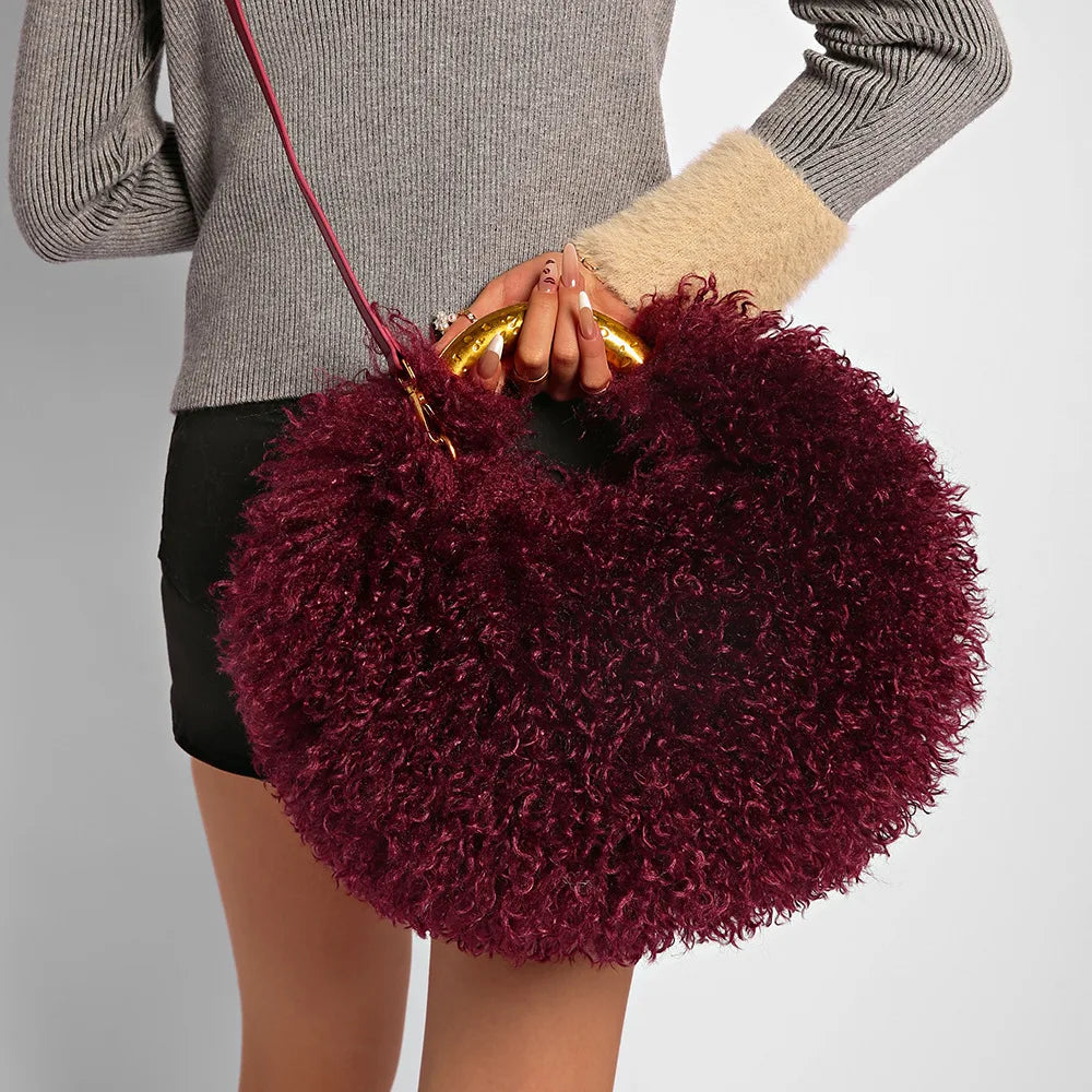 Moda feminina longa pele lã saco praia falso lã pele bolsa de ombro senhoras peles falsas bolsa luxo mongol ovelhas sacos de pelúcia