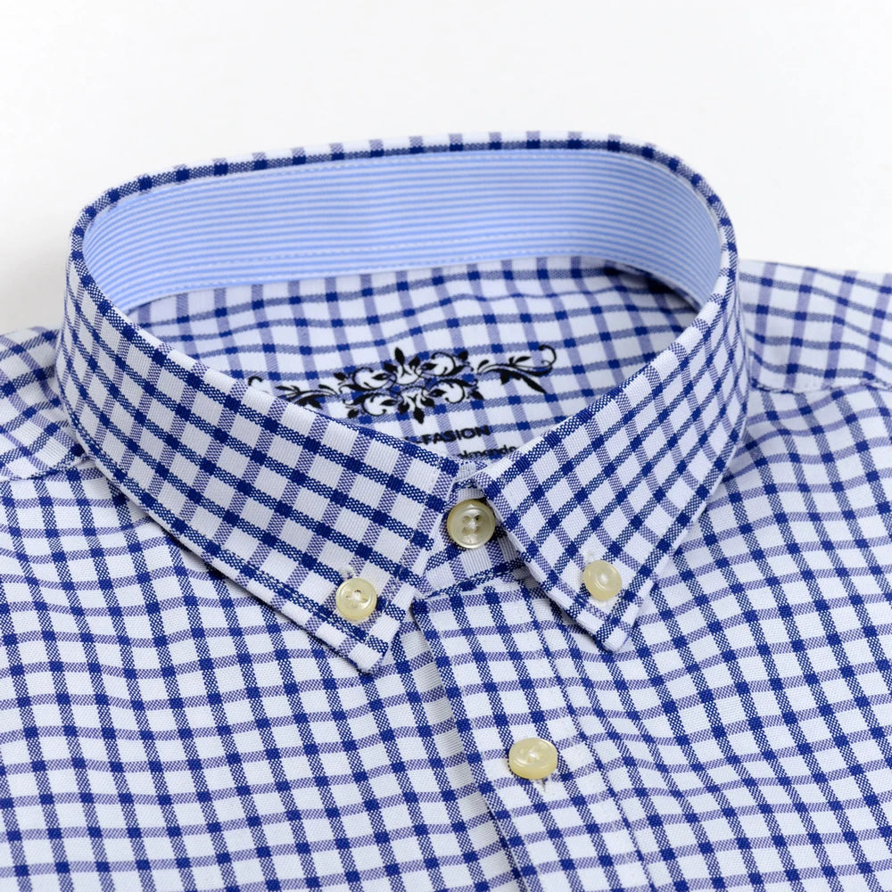 Camisa casual de trabalho listrada xadrez oxford de manga comprida masculina com bolso, camisas de botão de ajuste regular de mistura de algodão primavera outono
