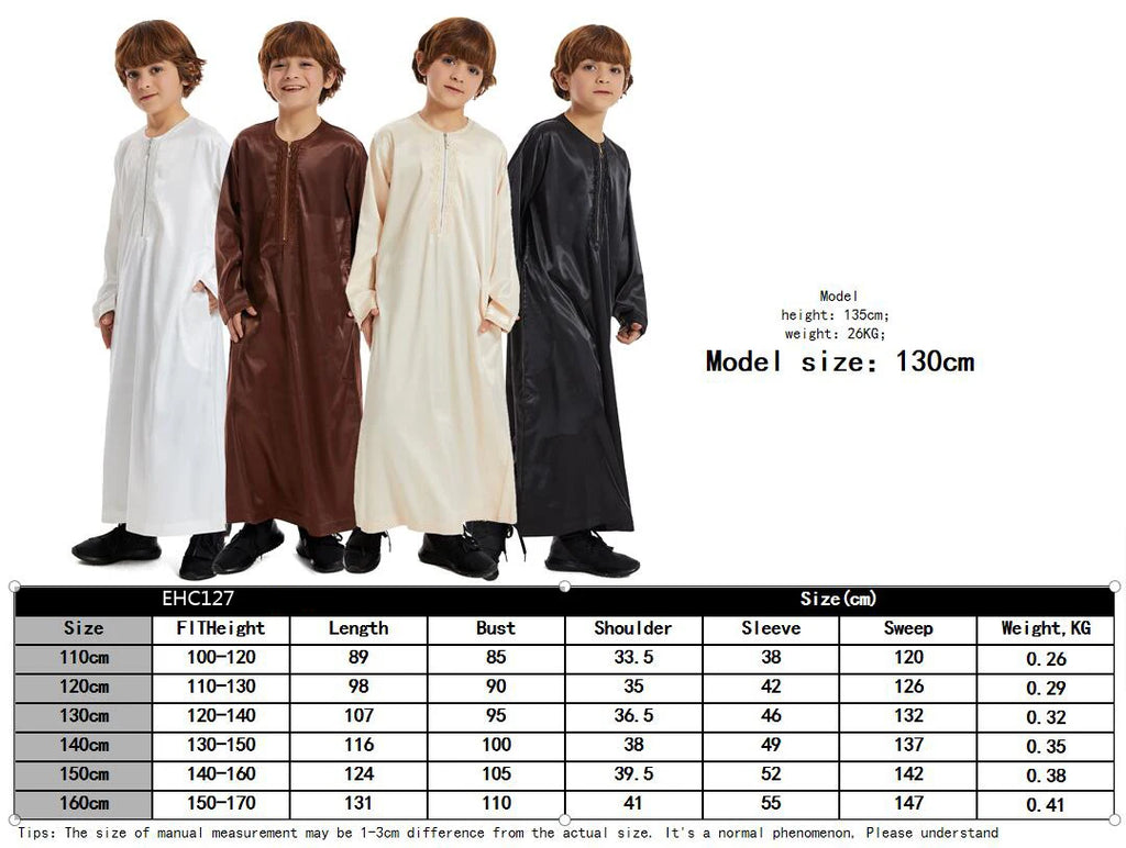 Crianças muçulmanas Abaya Ramadan Jubba Prayer Thobe, vestido longo islâmico para crianças, vestido com o pescoço para meninos, Kaftan Dubai e árabe