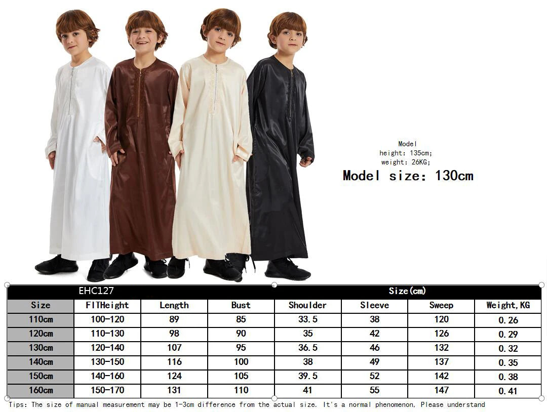 Crianças muçulmanas Abaya Ramadan Jubba Prayer Thobe, vestido longo islâmico para crianças, vestido com o pescoço para meninos, Kaftan Dubai e árabe