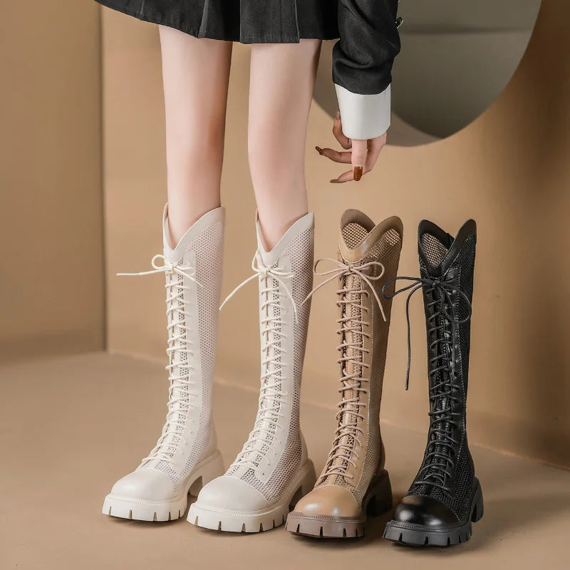 Mulheres verão joelho-alta malha botas altas femininas plataforma respirável malha rendas botas de cavaleiro salto grosso oco longo cavaleiro botas