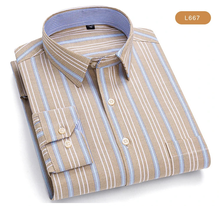 Camisas de vestido de algodão com design de gola de lapela listrada xadrez na moda masculina, camisa casual de manga comprida com botões para primavera/outono