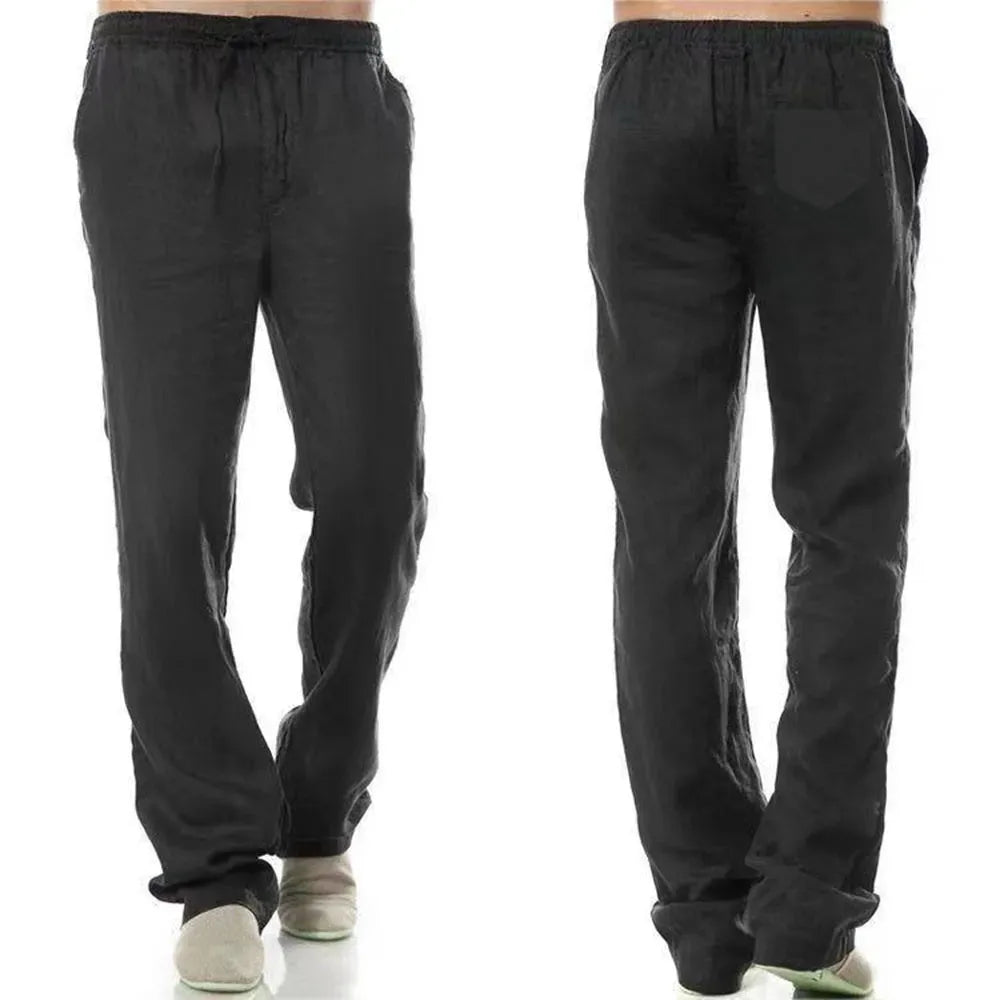 Calças de linho de algodão masculino outono novo respirável cor sólida calças de linho fitness streetwear volta com bolso