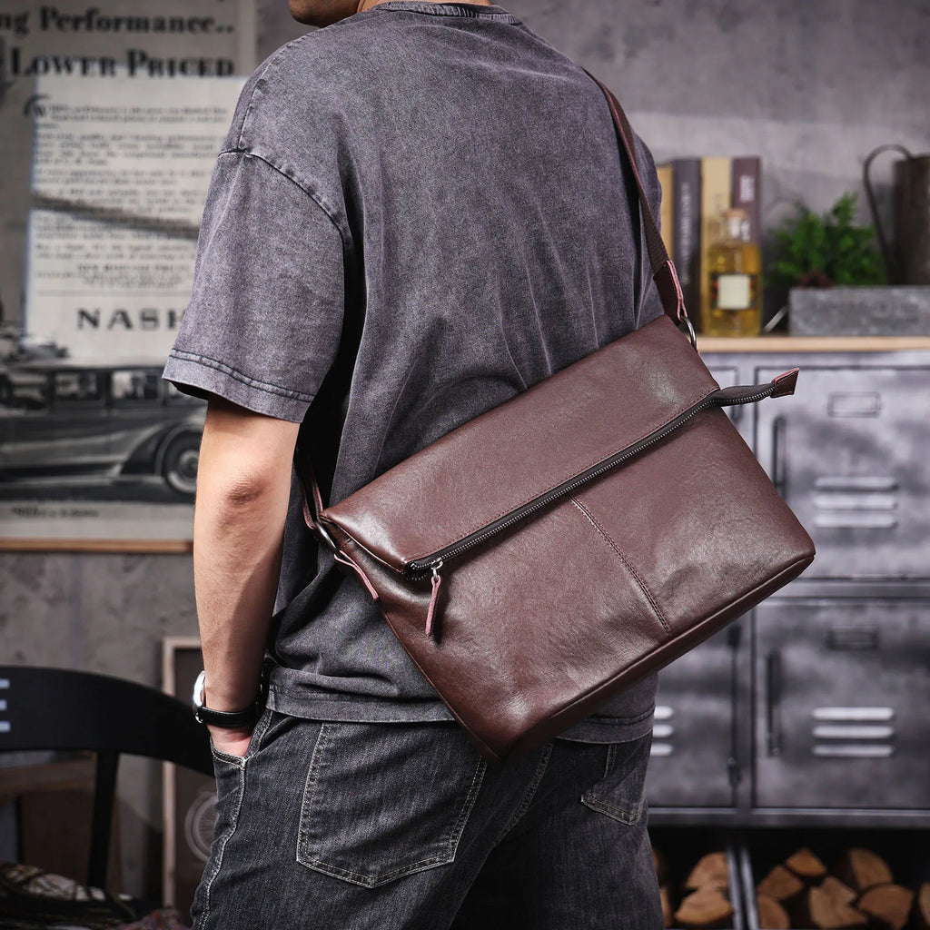 Bolsa de Ombro Masculina em Couro Genuíno, Bolsa Transversal para Laptop, Couro Bovino de Camada Superior, Couro Vegetal, Moda Casual