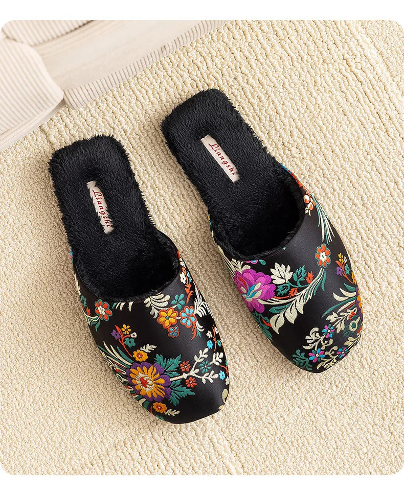 Chinelos de casa femininos homens inverno calor chinelos interiores senhoras sapatos bordados flor chinelos para mulher sapatos de casa