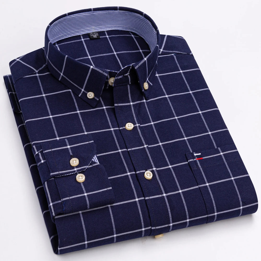 Camisas de vestido de algodão com design de gola de lapela listrada xadrez na moda masculina, camisa casual de manga comprida com botões para primavera/outono
