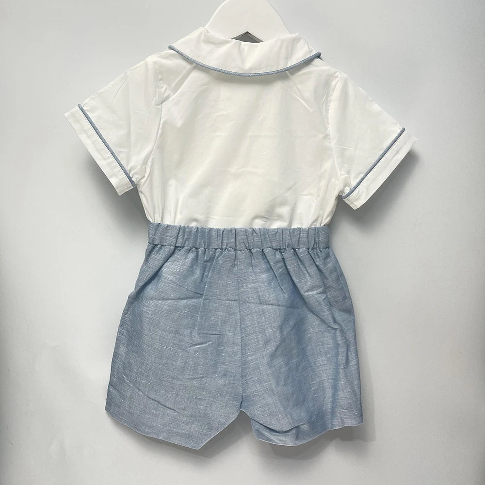 Roupa de boutique infantil, artesanal para menino, conjunto bordado, algodão azul, manga curta, roupa de irmãos, batizado, aniversário