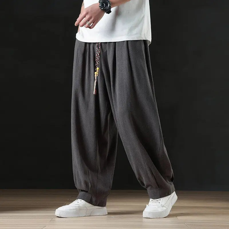 Calça masculina casual de linho verão leve solta de perna reta