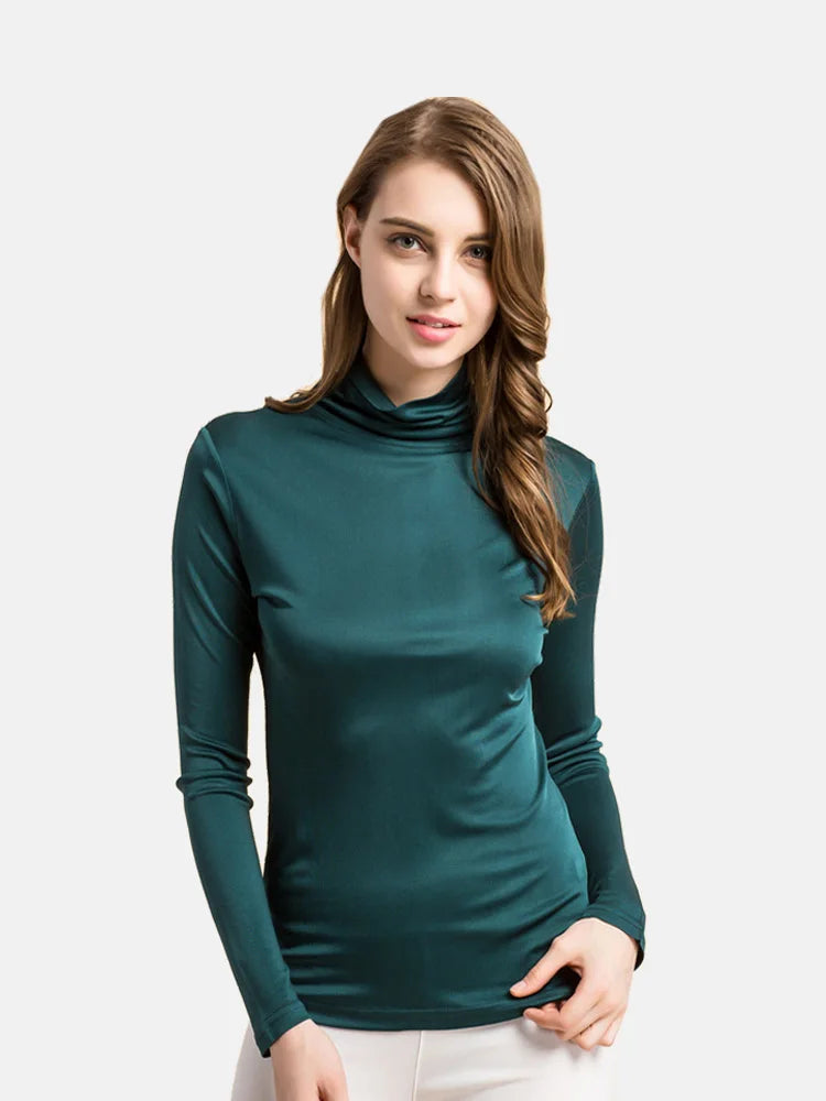 SuyaDream feminino gola alta, pulôveres sólidos de manga comprida, seda natural de malha, camiseta de fundo chique, top primavera outono 2025