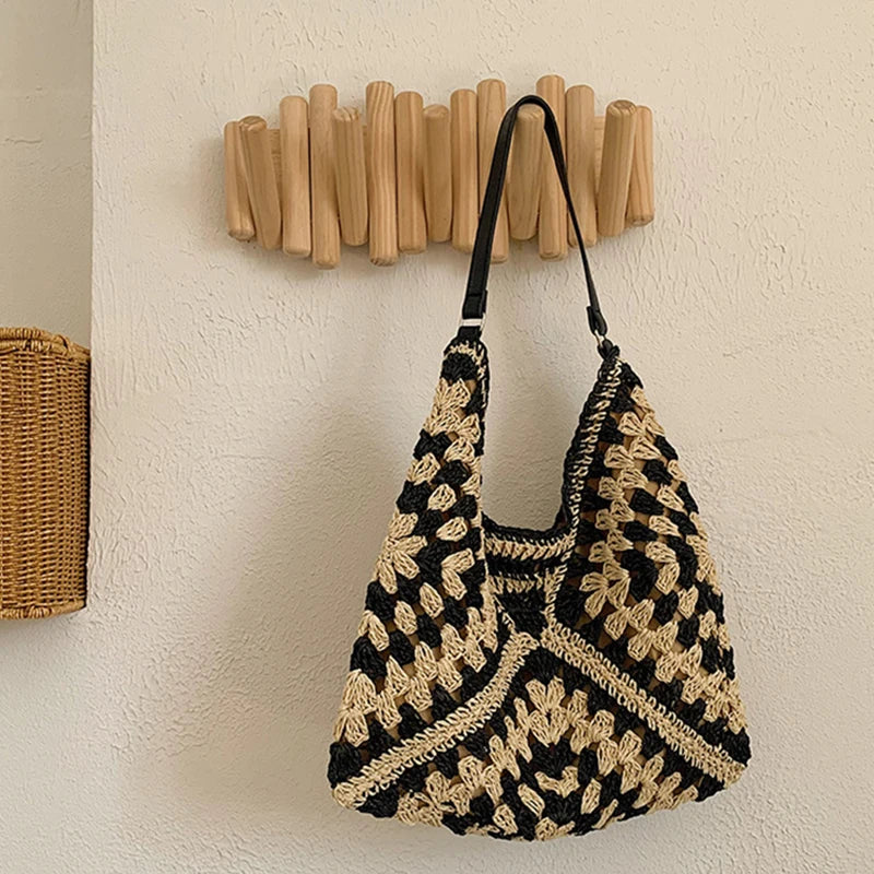 Bolsa de ombro de palha tecida feminina popular bolsa de tamanho médio com alça para férias na praia