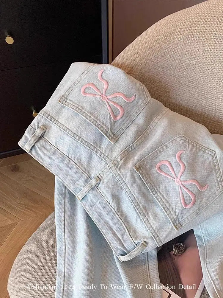 Mulheres casual solto ajuste jeans calças relaxadas cintura alta perna larga lavagem leve bordado plus size conforto jeans feminino