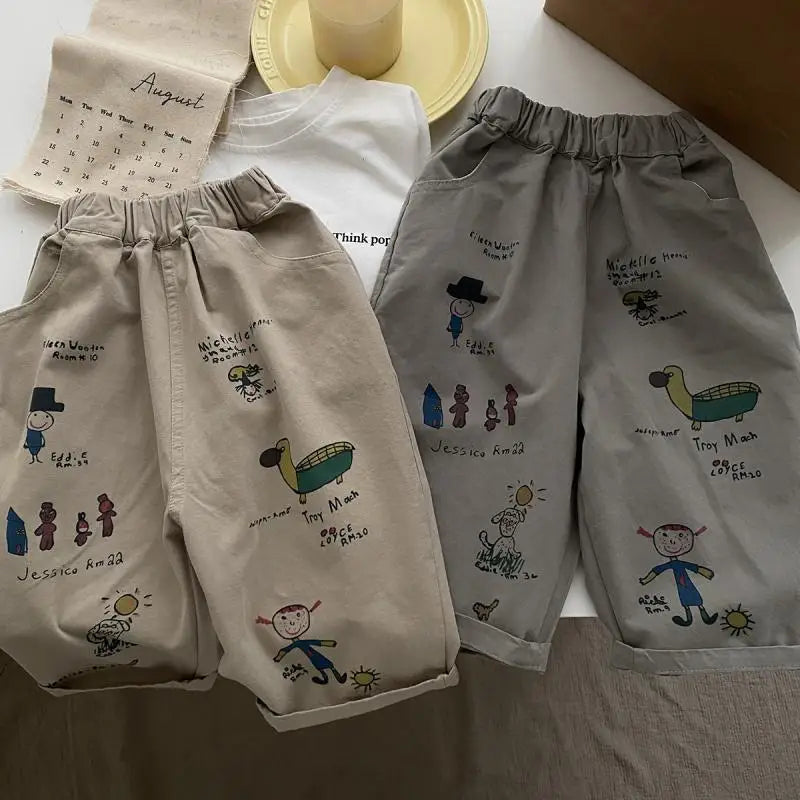 Japão coreano crianças roupas menino crianças moda calças primavera outono bebê bolso tornozelo comprimento solto menina dos desenhos animados calças casuais