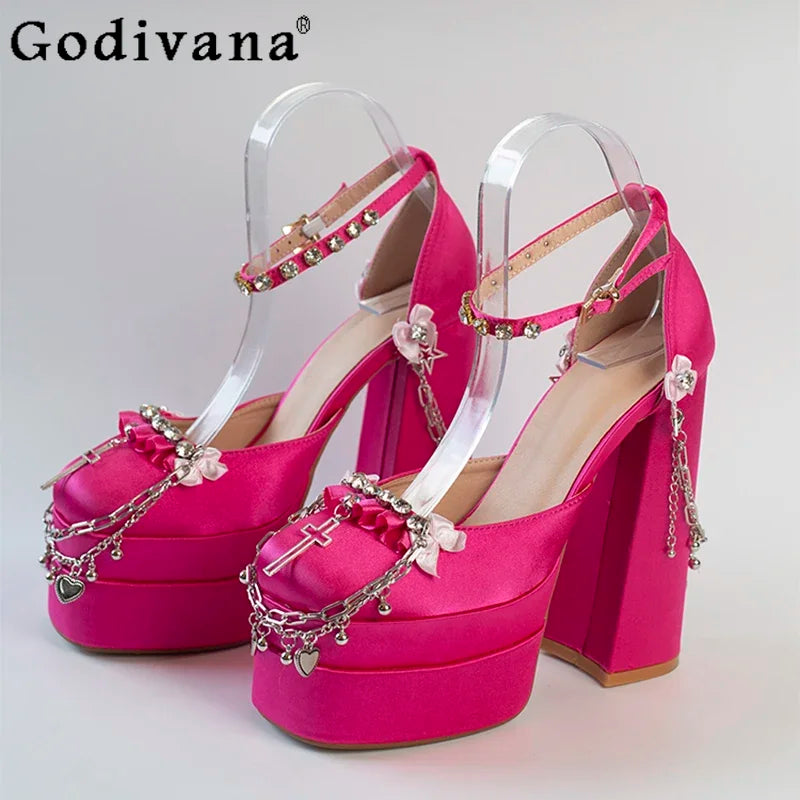 Cruz Japonesa Rhinestone Lolita Salto Alto para Mulheres, Corrente de Metal, Casamento da Noiva Rosa, Doce Sapatos Y2k Mary Jane, Salto Plataforma para Menina