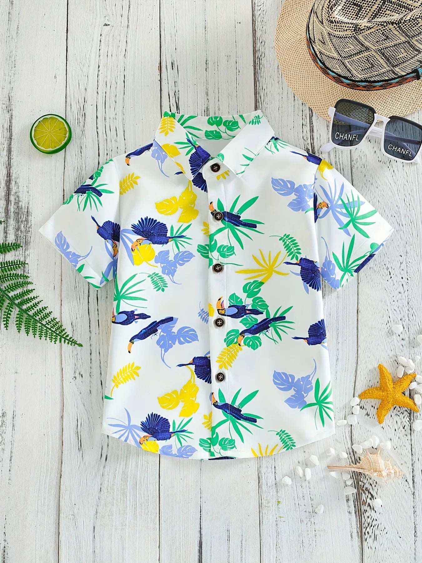 Top respirável casual floral e foliar infantil, blusa de meninos, perfeita para praia, férias, elegante, verão