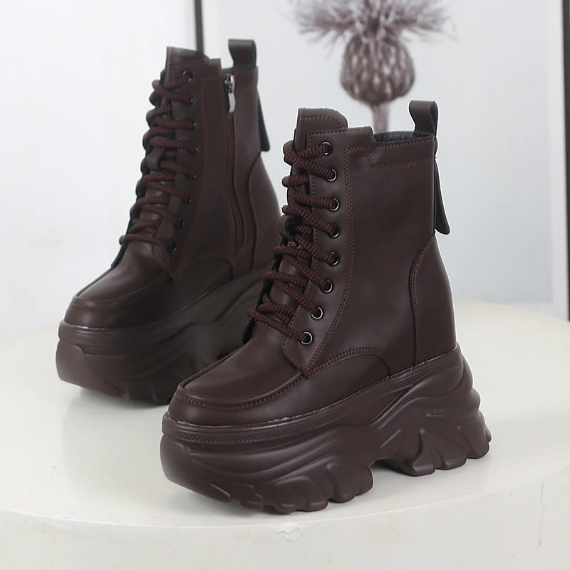 12cm outono plataforma botas de tornozelo feminino sapatos grossos rendas tênis mulher botas de couro sapatos de caminhada