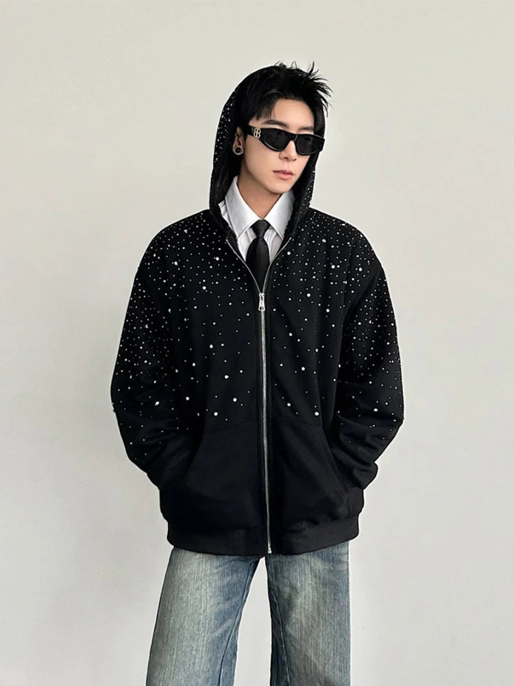 Thiened Fce Cardigan com capuz e zíper moletom masculino Faion Urban Sle outono inverno peso pesado diamante embelezado Ja...