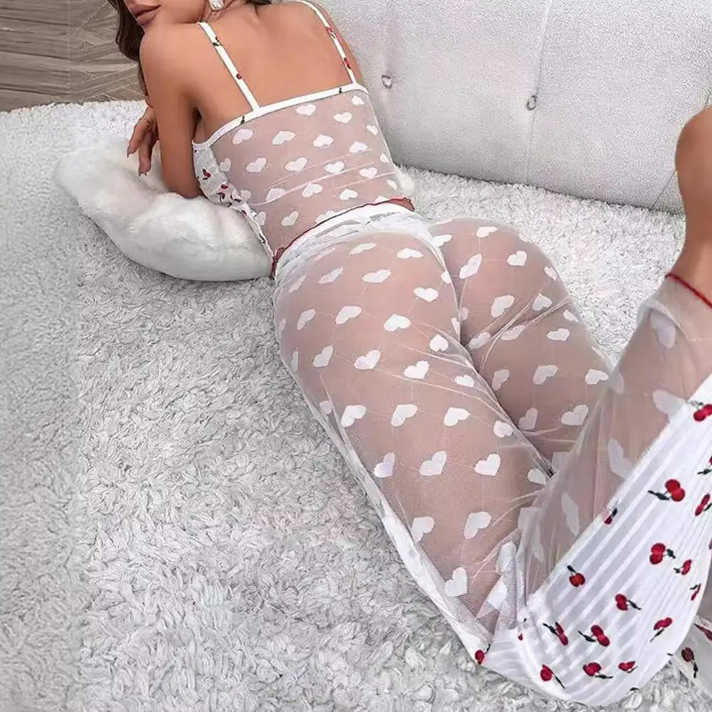 2 pçs/set feminino colete calças terno arco coração impressão sem mangas shirring borda superior malha retalhos calças homewear roupa de dormir