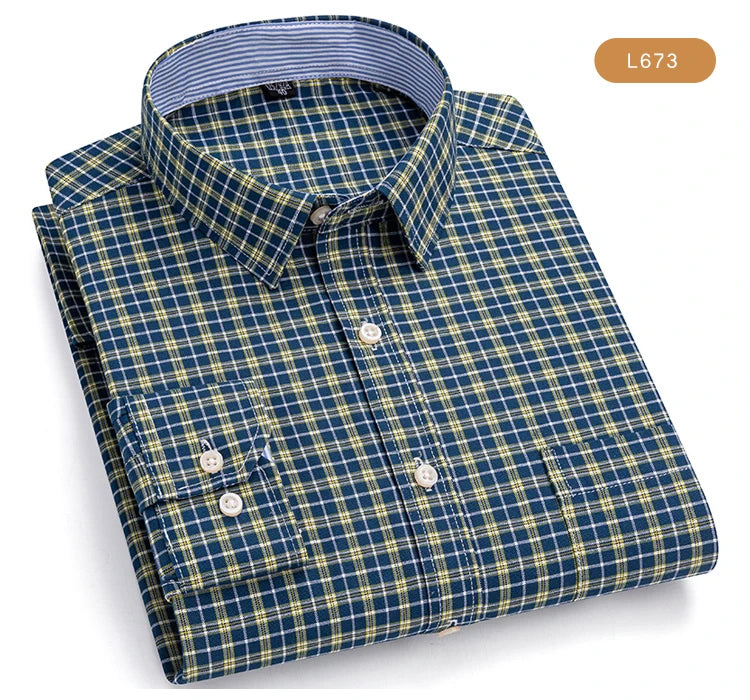 Camisas de vestido de algodão com design de gola de lapela listrada xadrez na moda masculina, camisa casual de manga comprida com botões para primavera/outono