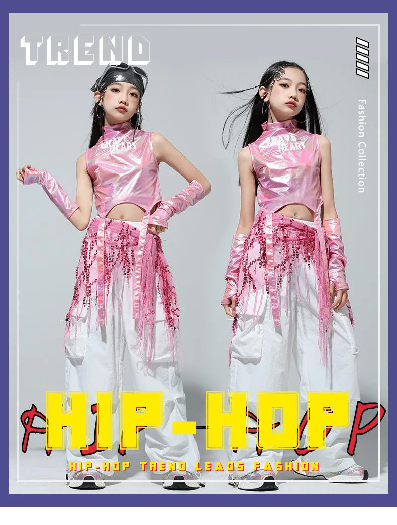 Meninas k-pop brilhante colheita superior calças de carga shorts de dança de rua crianças hip hop jazz conjuntos de roupas crianças streetwear menina grupo traje