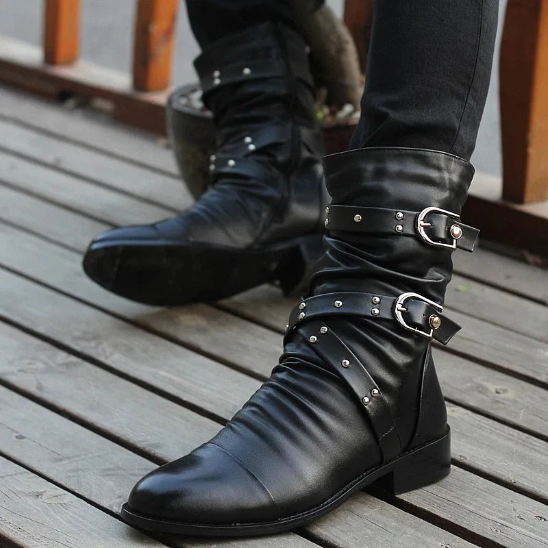 Inverno apontou toe botas de cano médio masculino fivela cinta chelsea bota para homens de couro botas de motocicleta alta superior homem sapato de inverno