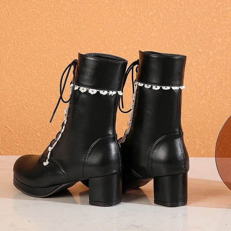 Moda feminina lolita meados de bezerro botas outono inverno elegante senhora cosplay sapatos de festa plataformas couro plus size botas dropship