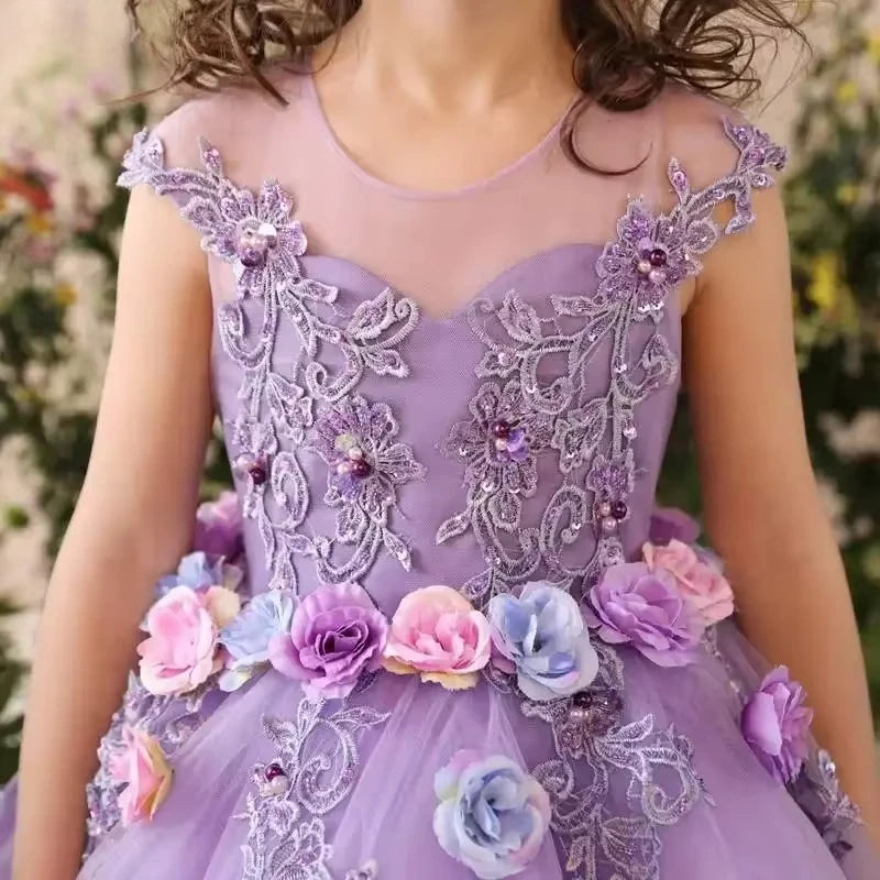 Crianças lavanda desempenho outfits crianças vestido de festa traje meninas princesa roxo roupas aniversário elegante ponkata piano