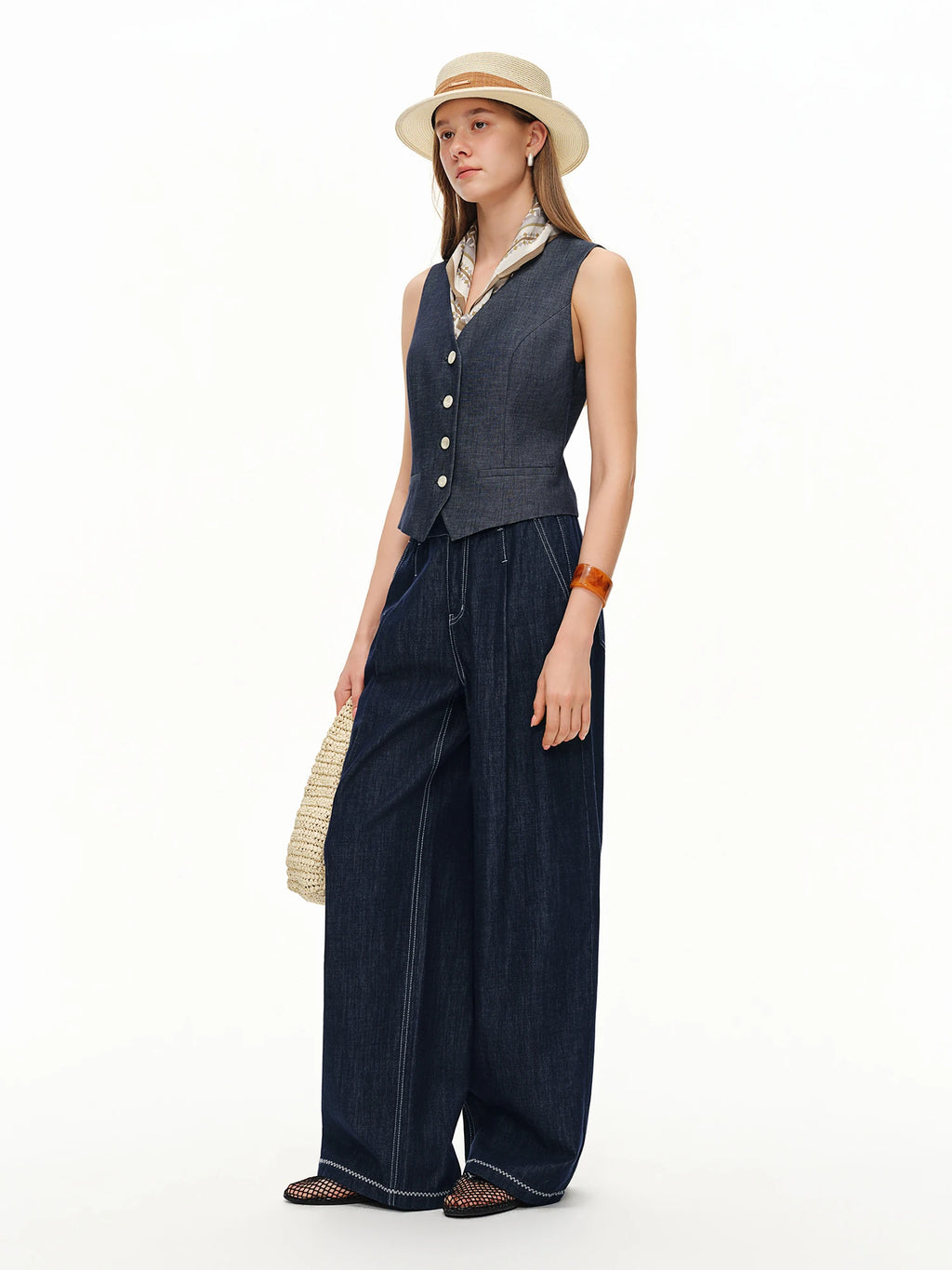 DUSHU 2026 Calça Jeans Feminina de Cintura Alta com Costura Contrastante e Perna Reta - Calça Casual para Uso Diário e Deslocamento