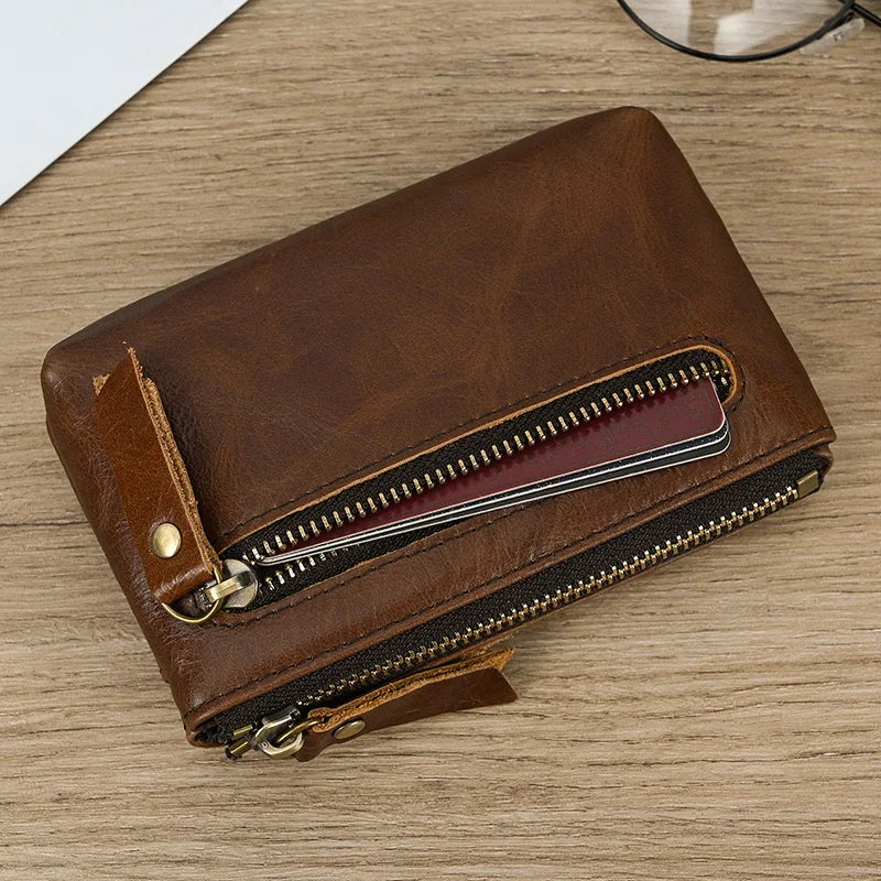 Luufan couro genuíno zíper moeda cartão bolsa de couro real rfid titular do cartão embreagem carteiras slots para homens mulheres mini bolsa fina
