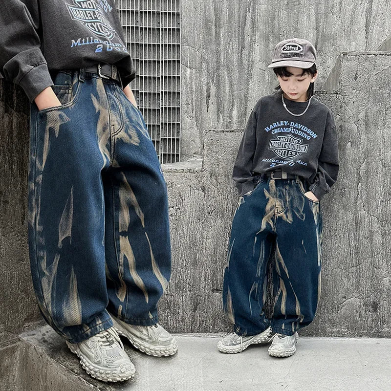 Crianças graffiti jeans meninos primavera e outono 2025 novas crianças adolescentes bonito meninos perna reta solta calças de perna larga
