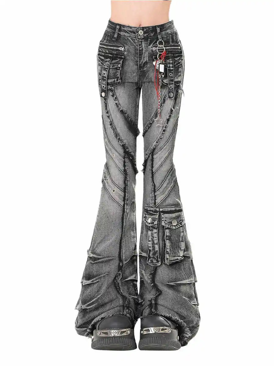 2025 outono inverno calças jeans femininas escuro academia carga jean queimado sino inferior designer kpop japonês y2k 2000s goblin core