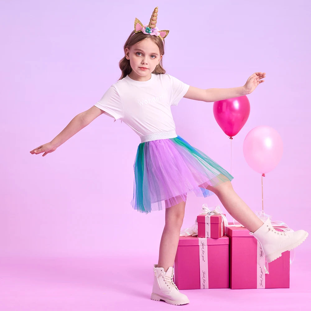 Dxton bebê meninas dança tutu saia colorida chiffon emenda crianças dancewear petiskirt tule criança mini saia roupas usar