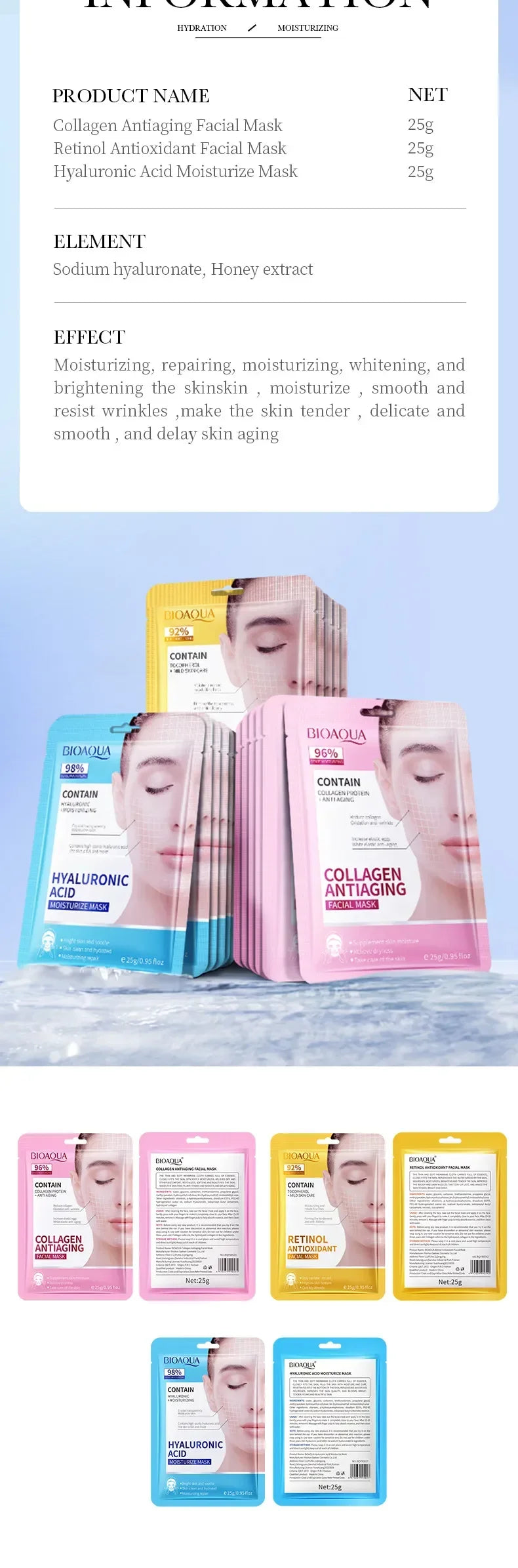 15 pçs bioaqua retinol colágeno anti rugas máscaras faciais hidratante anti-envelhecimento clareamento máscara facial produtos de cuidados com a pele