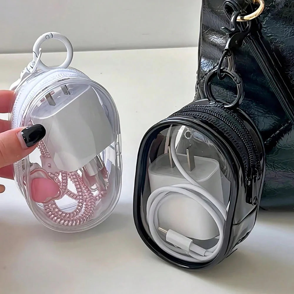 Mini saco de armazenamento com zíper transparente, chaveiro portátil, boneca de desenho animado, organizador de brinquedos para fones de ouvido, carregadores, cabo de dados, sacos de presente