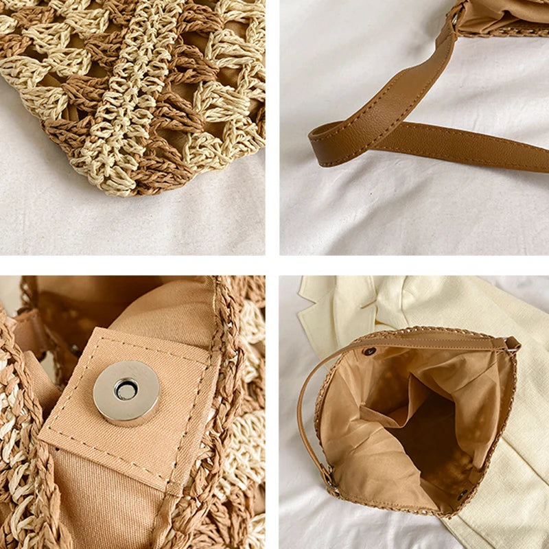 Bolsa de ombro de palha tecida feminina popular bolsa de tamanho médio com alça para férias na praia
