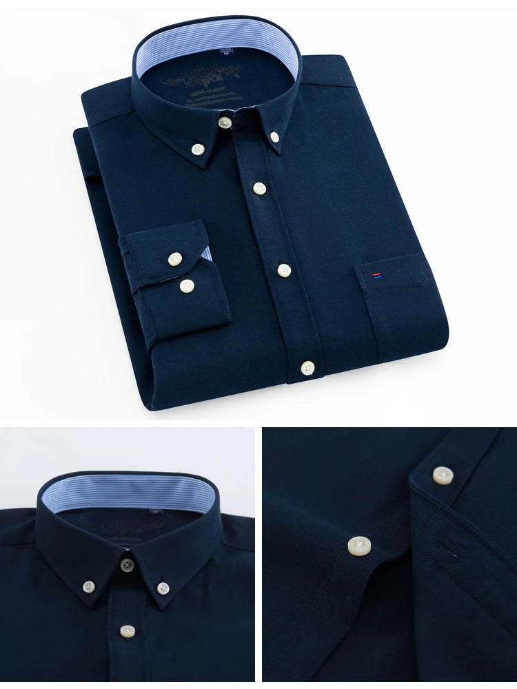 Camisa casual de trabalho listrada xadrez oxford de manga comprida masculina com bolso, camisas de botão de ajuste regular de mistura de algodão primavera outono