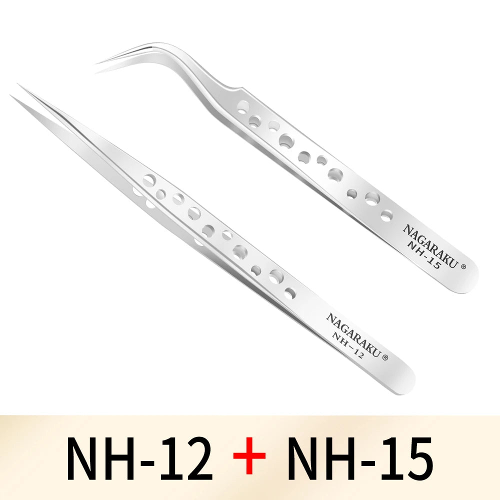 NAGARAKU Maquiagem Cílios 2 pçs conjunto N-01 N-02 Pinças de Cílios NH-12 NH-15 Cílios Preciso ST-12 ST-15 Pincet Inoxidável